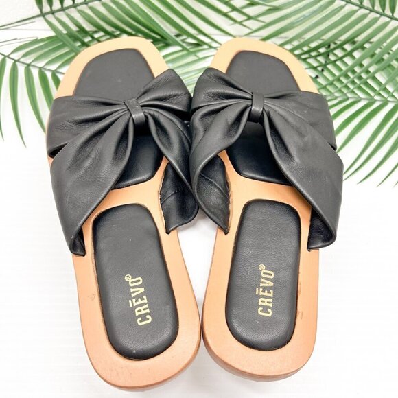 CREVO Kitty Bow Leather Slide Sandal Size 6 Black Square Open Toe Flats - Picture 9 of 11